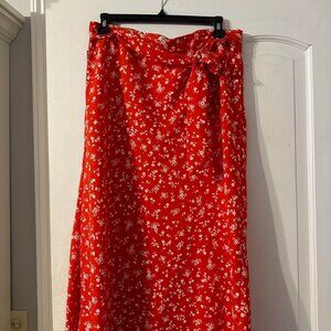 Worn Once. Rachel Zoe Red Floral Midi Length Satin Skirt Bow Tie Detail. Size 8